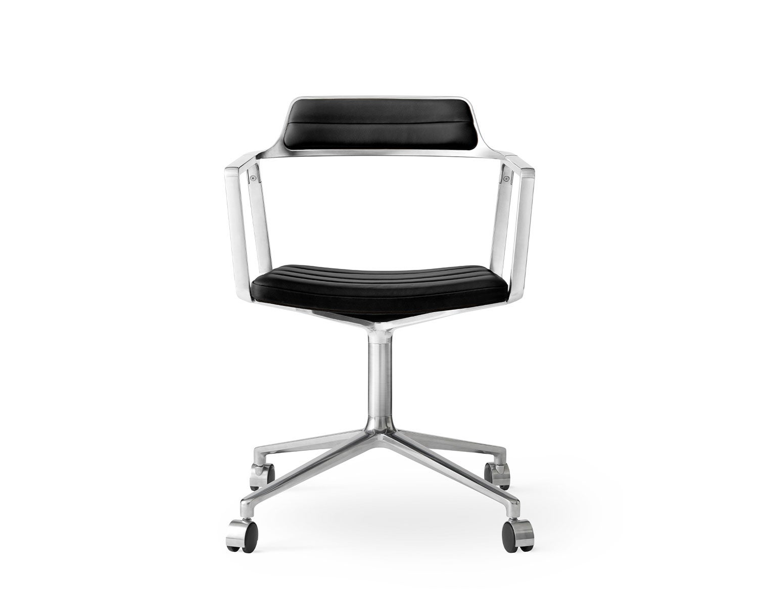 Vipp 452 Swivel Chair med hjul i polerat aluminium och svart läder